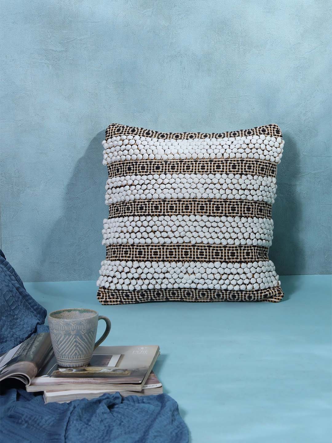 

SANSKRUTIHOMES White & Brown Embroidered Cotton Square Cushion Cover