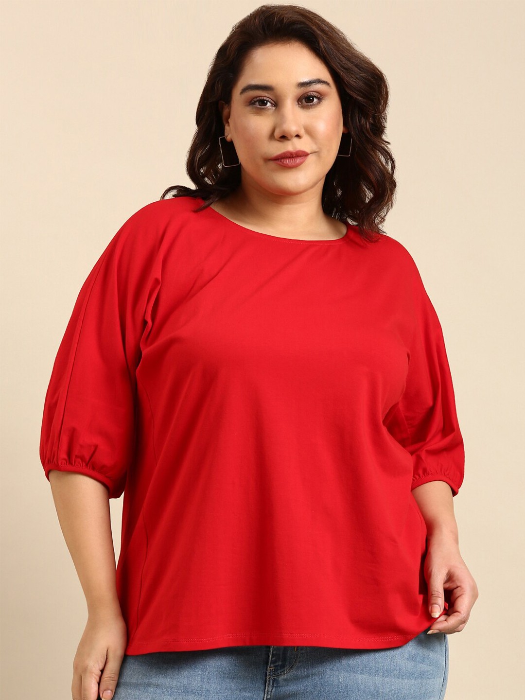 

The Pink Moon Plus Size Round Neck Puff Sleeves Cotton Regular Top, Red