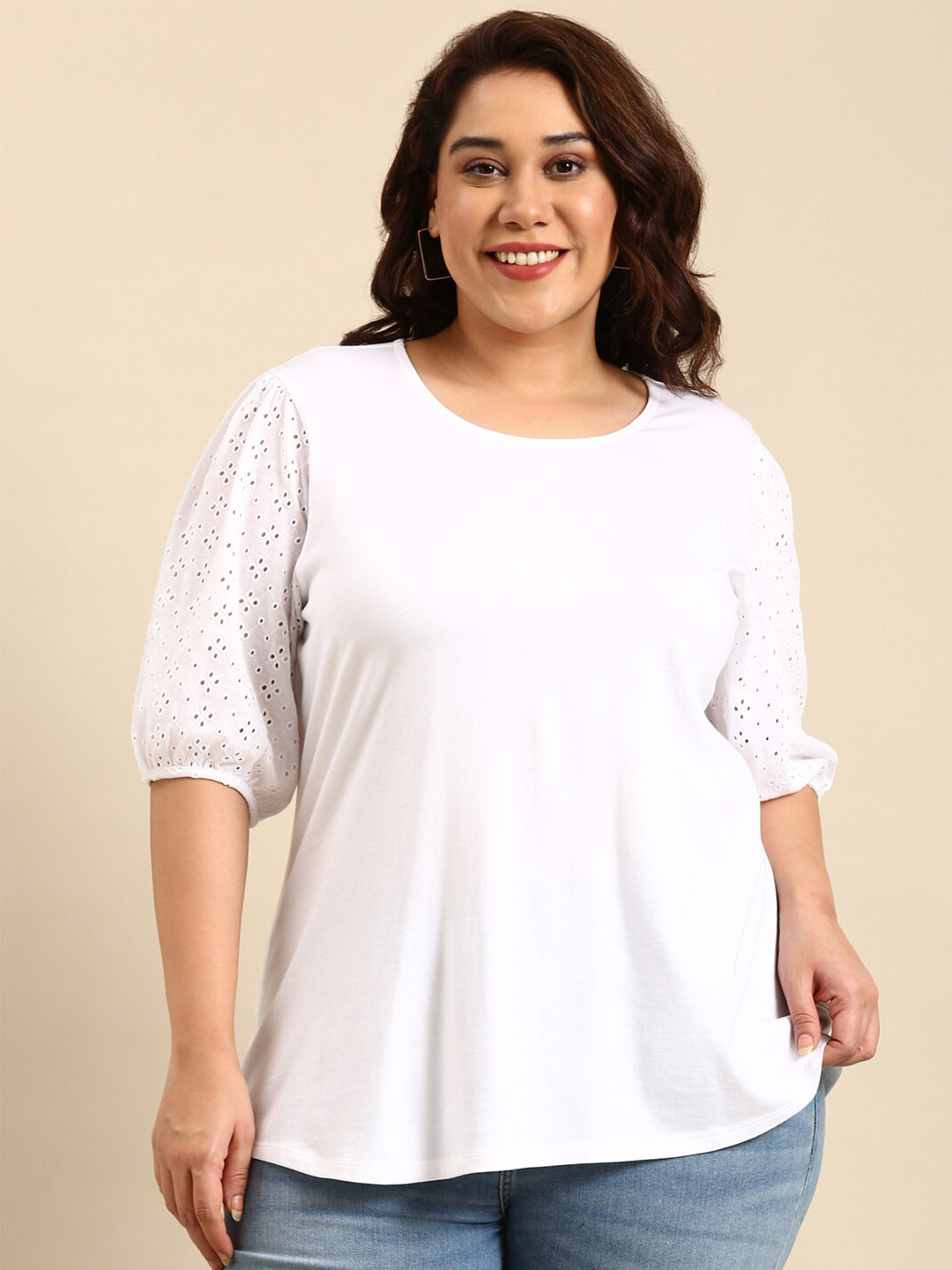 

The Pink Moon Plus Size Round Neck Puff Sleeves Cotton Regular Top, White
