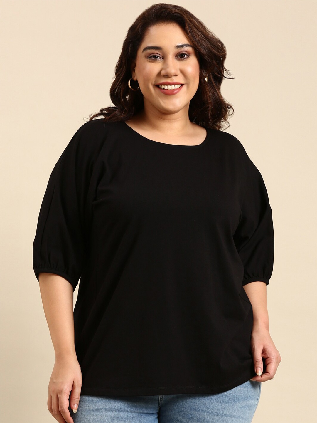 

The Pink Moon Plus Size Round Neck Puff Sleeves Cotton Regular Top, Black
