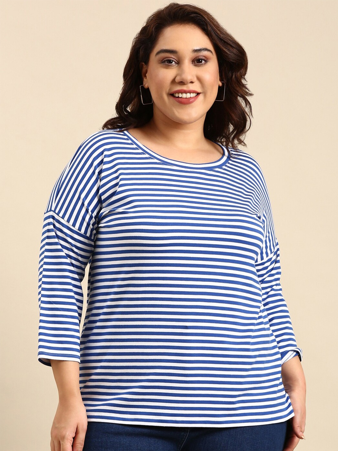 

The Pink Moon Plus Size Striped Drop-Shoulder Sleeves Cotton T-shirt, Blue