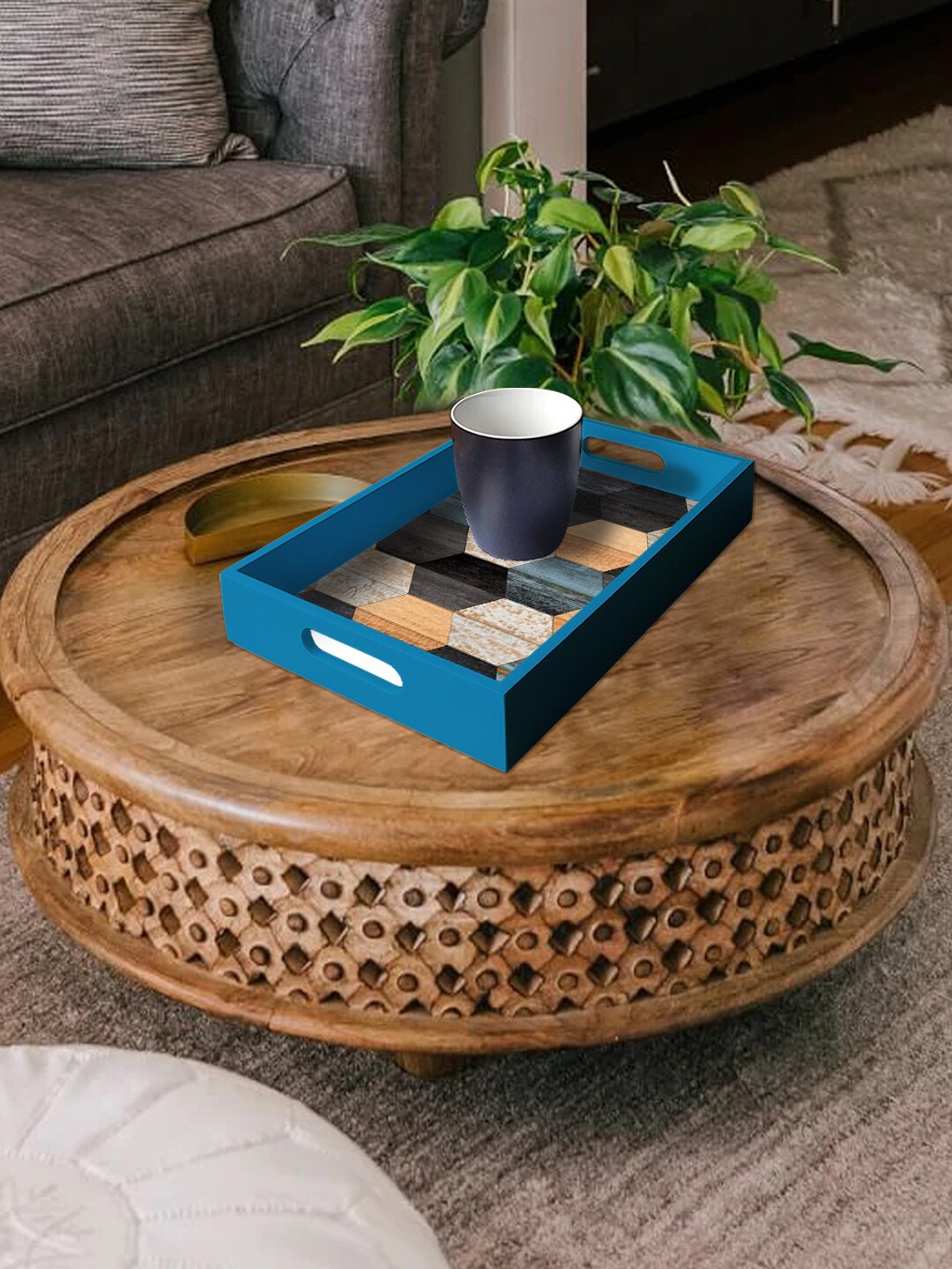 

PAPER PLANE DESIGN Blue & Beige Printed Wooden Serving Tray