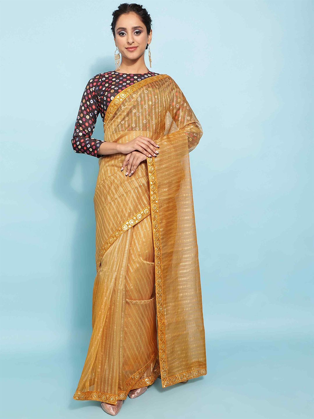 

elora Striped Sequinned Organza Bhagalpuri Saree, Mustard