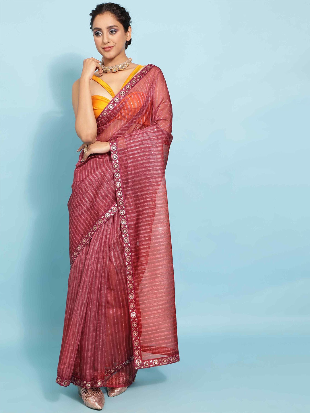 

elora Striped Embellished Organza Bhagalpuri Saree, Rose