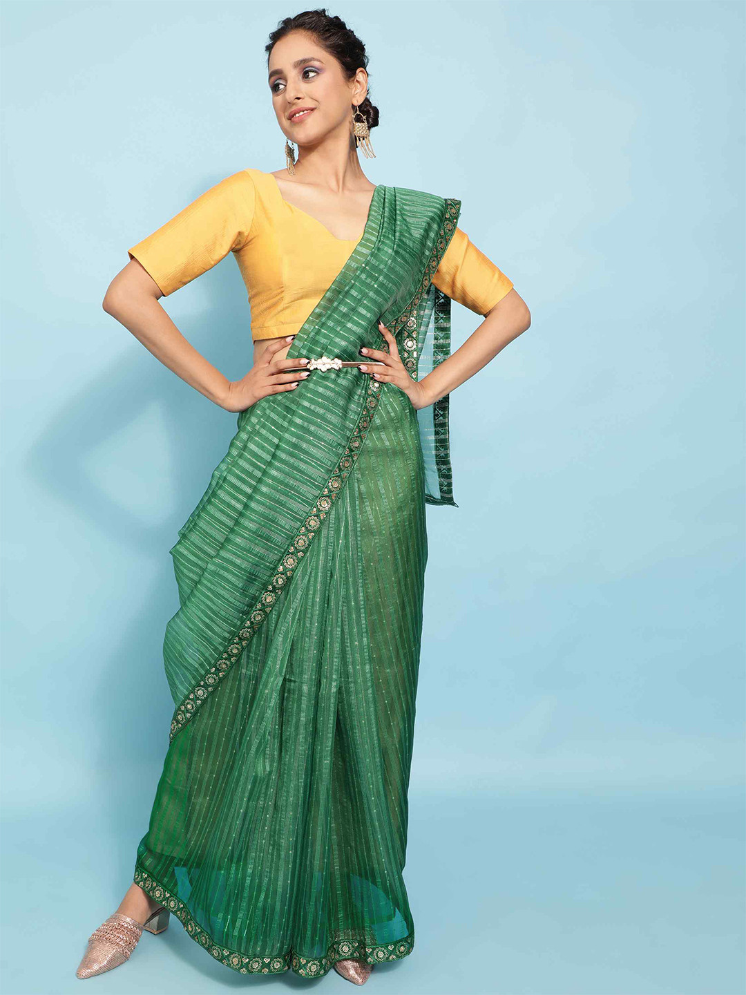 

elora Striped Embellished Organza Bhagalpuri Saree, Green