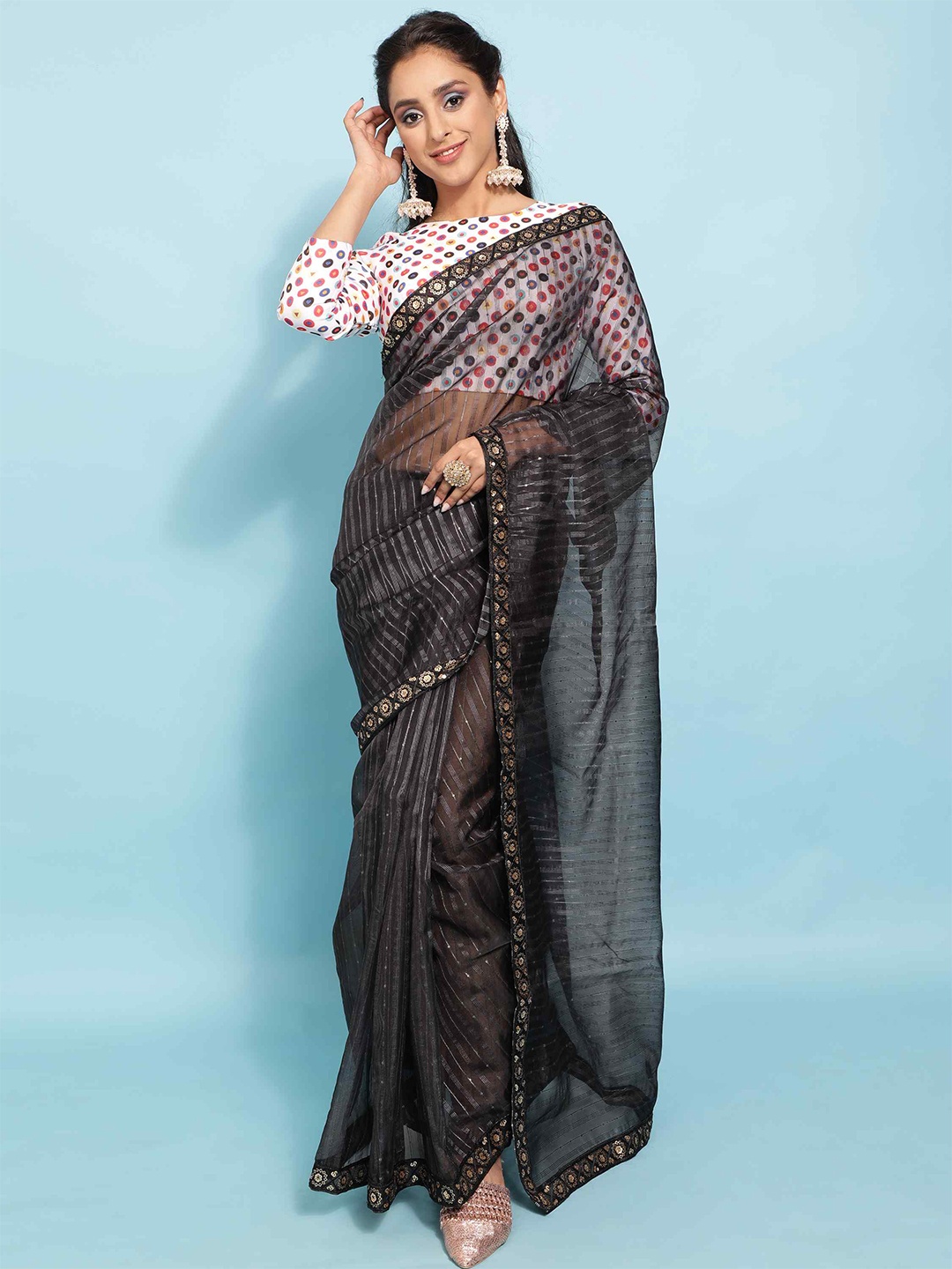 

elora Striped Sequinned Organza Bhagalpuri Saree, Black