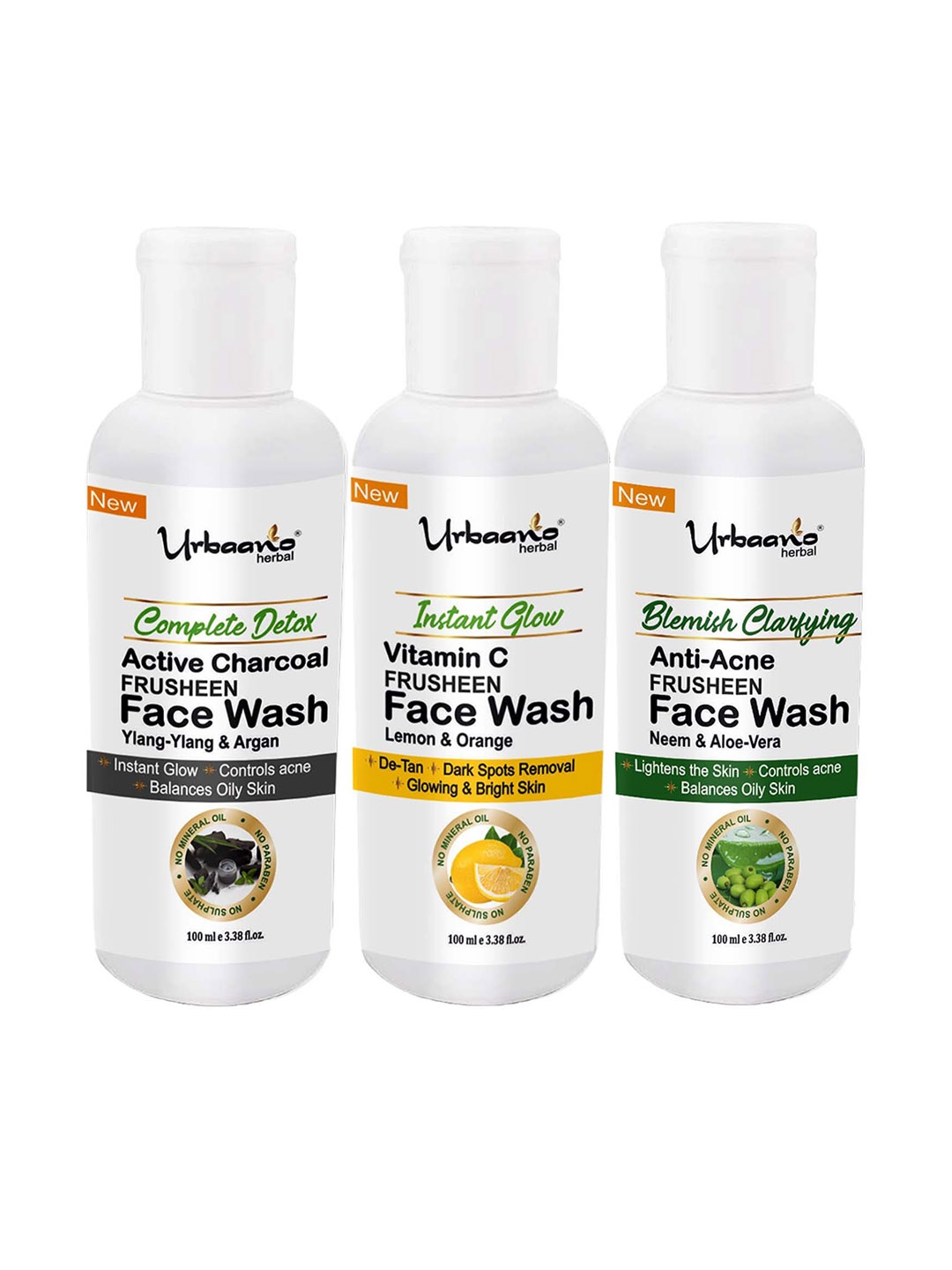 

Urbaano Herbal Frusheen Set Of 3 Active Charcoal Vitamin C & Anti Acne Face Washes-100ml, White
