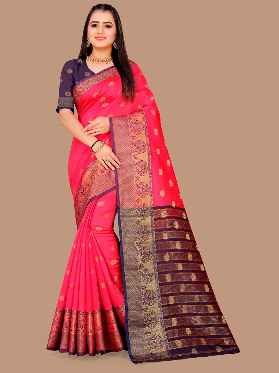 

Indian Fashionista Woven Design Zari Art Silk Banarasi Saree, Coral