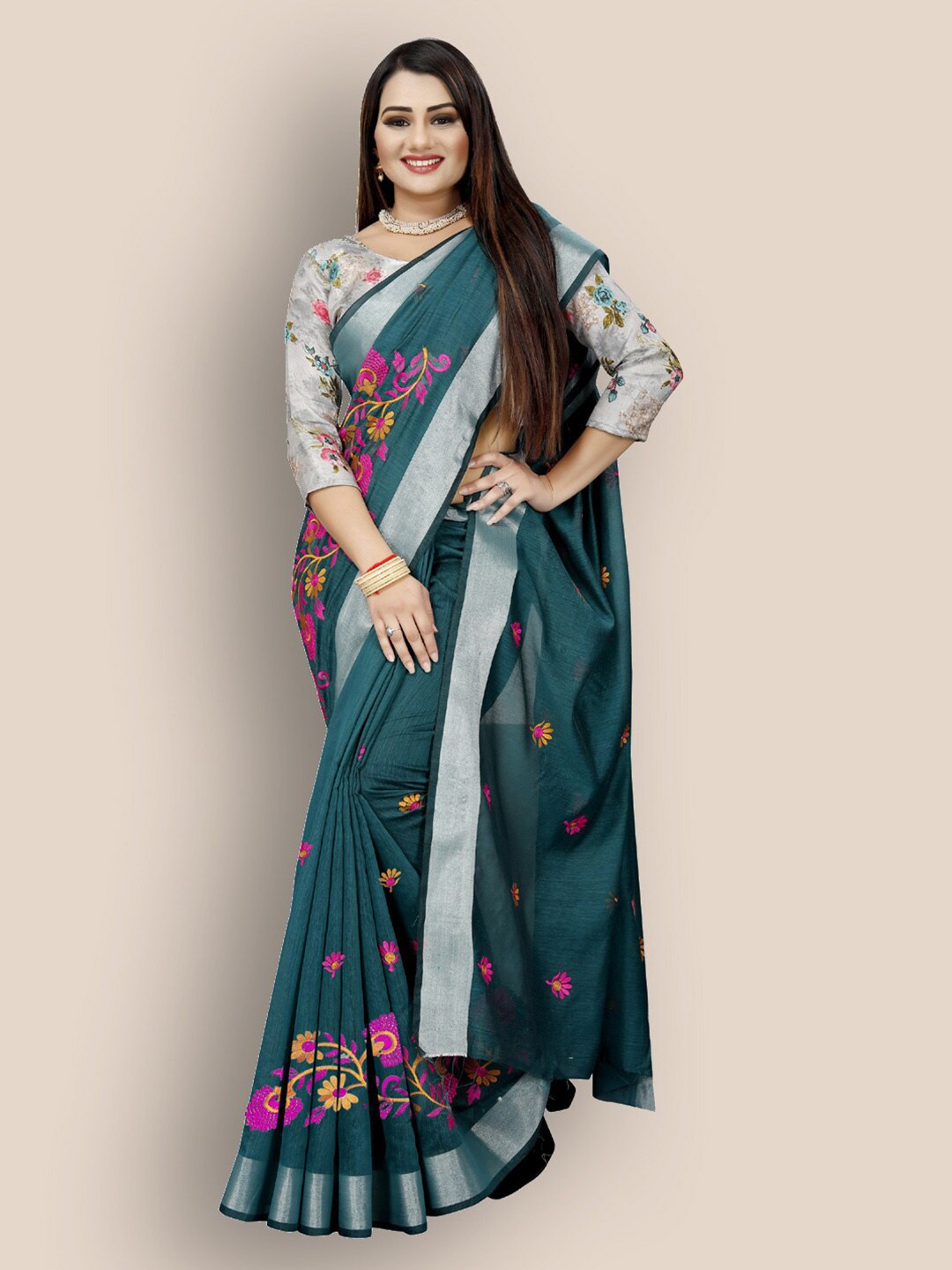 

Indian Fashionista Floral Embroidered Uppada Saree, Teal