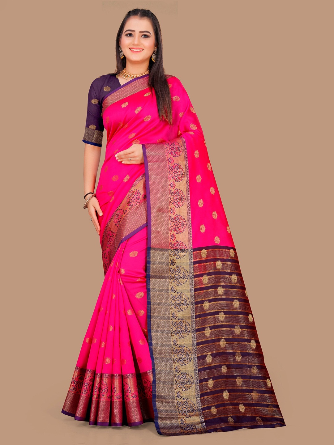

Indian Fashionista Woven Design Zari Art Silk Banarasi Saree, Pink