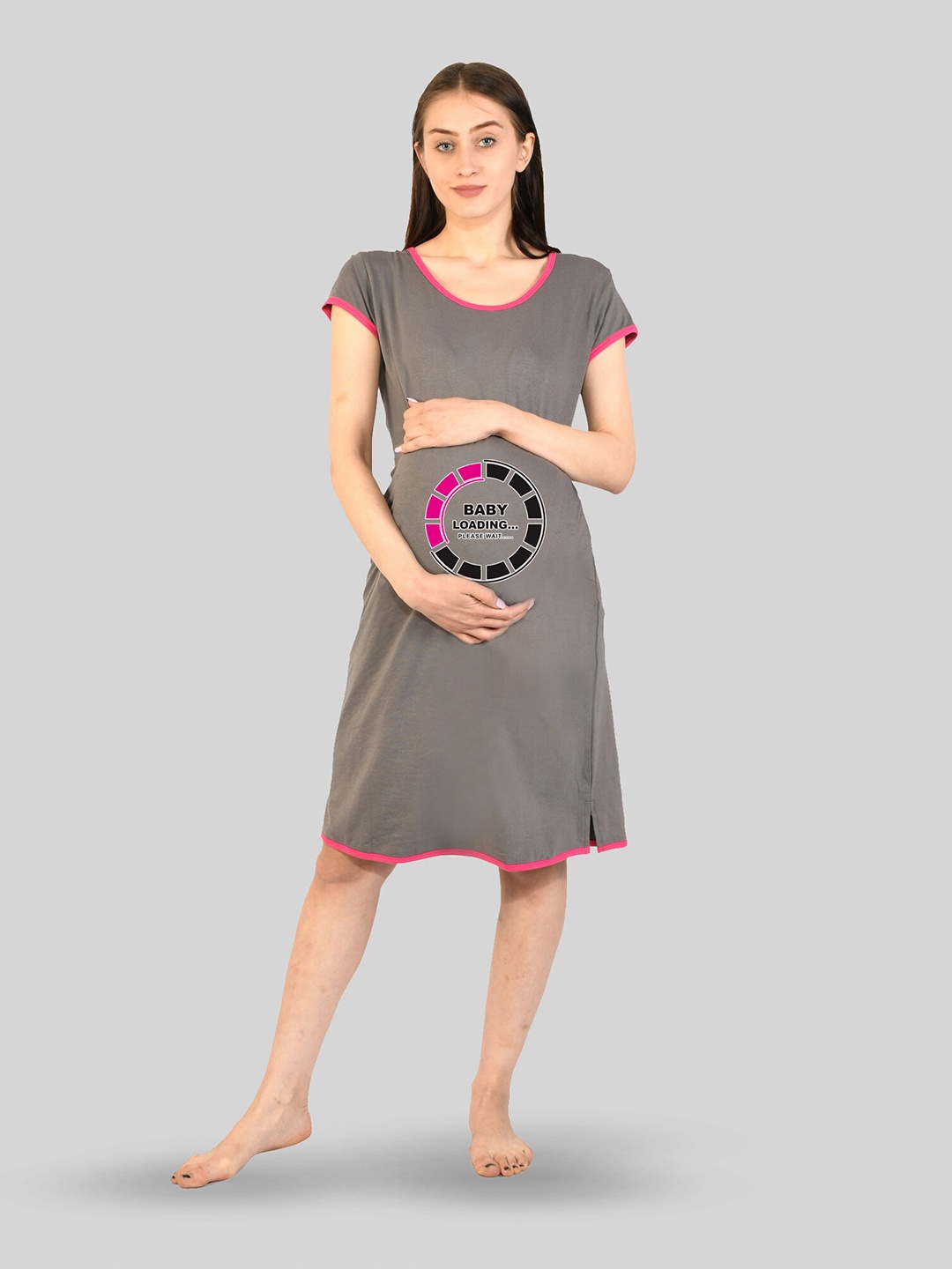 

SillyBoom Graphic Printed Pure Cotton Maternity Nightdress, Grey