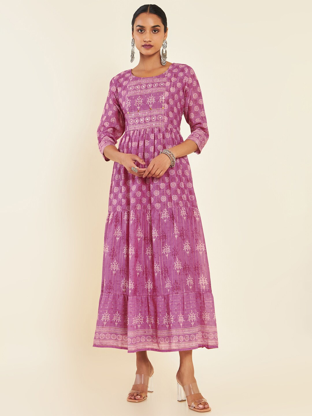 

Soch Pink Ethnic Motifs Printed Modal Fit & Flare Midi Ethnic Dress