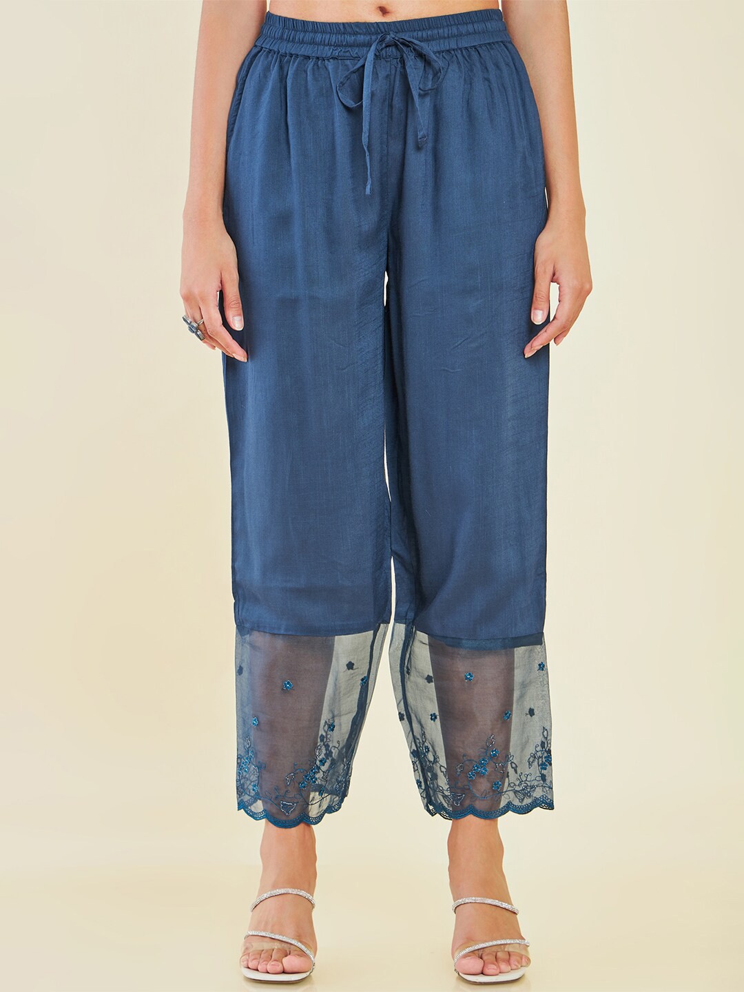 

Soch Women Floral Hem Design Straight Ethnic Trousers, Navy blue