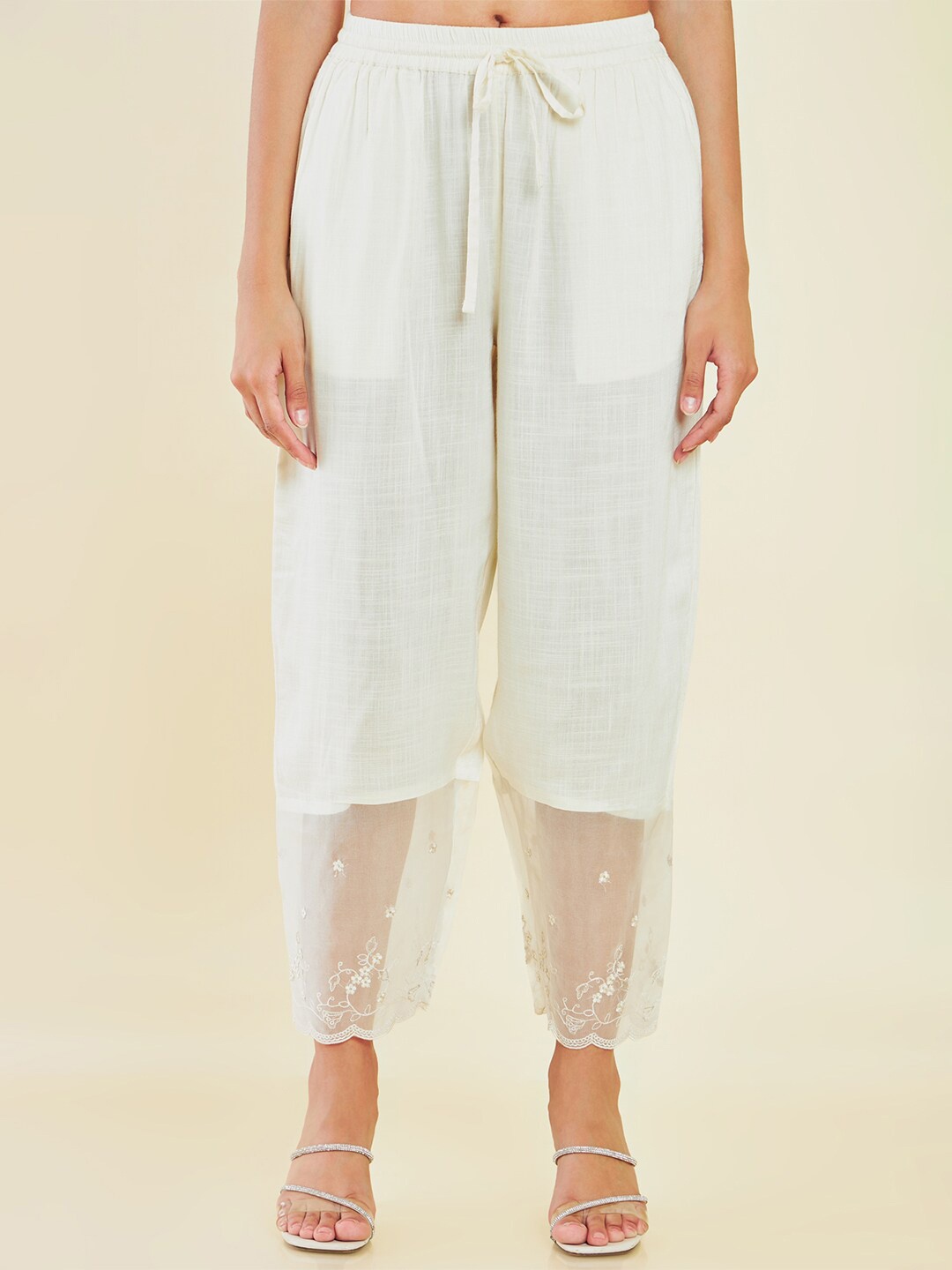 

Soch Women Floral Hem Design Straight Ethnic Trousers, Off white