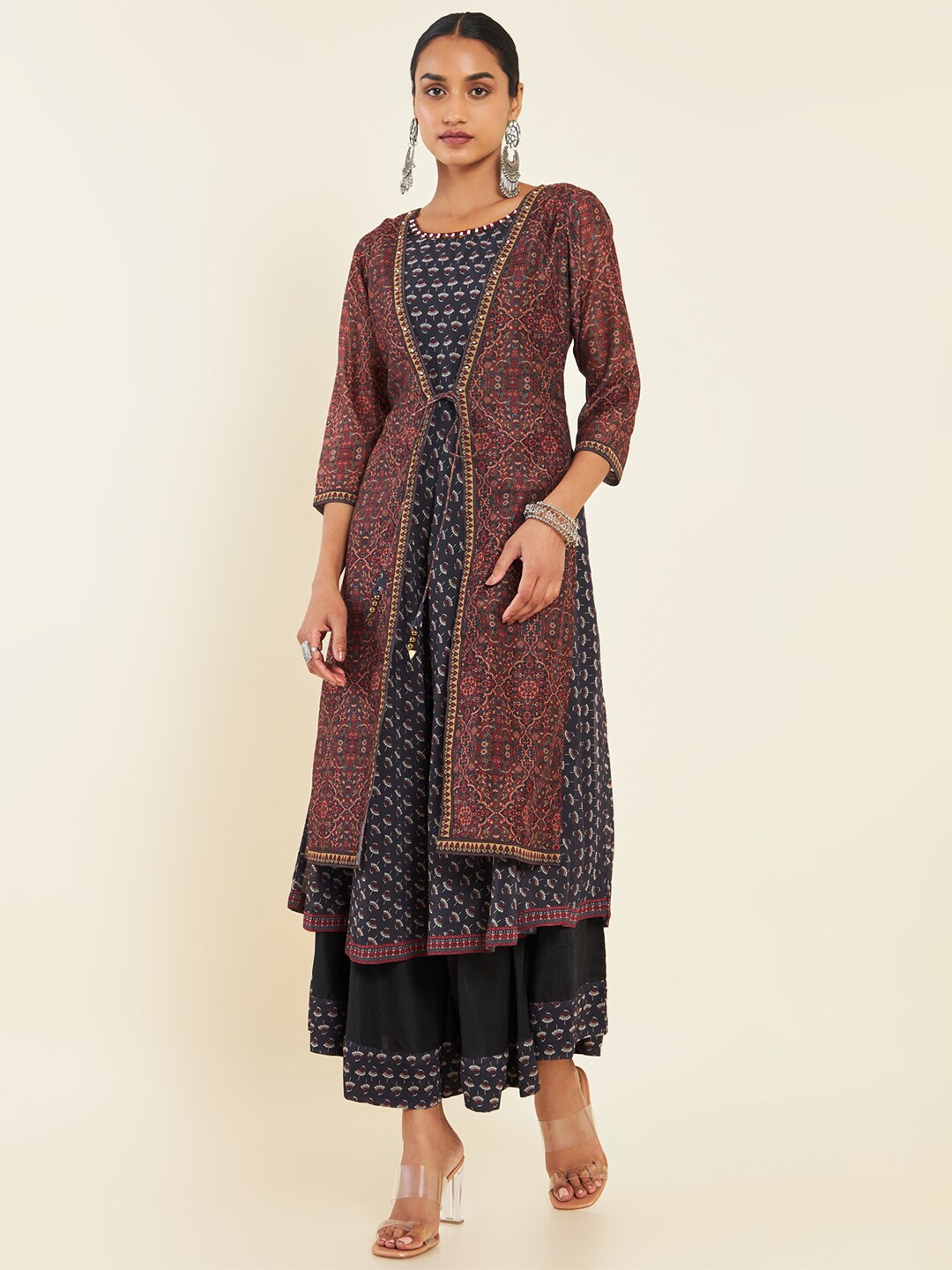 

Soch Black Ethnic Motifs Printed Georgette Maxi Fit And Flare Ethnic Dress