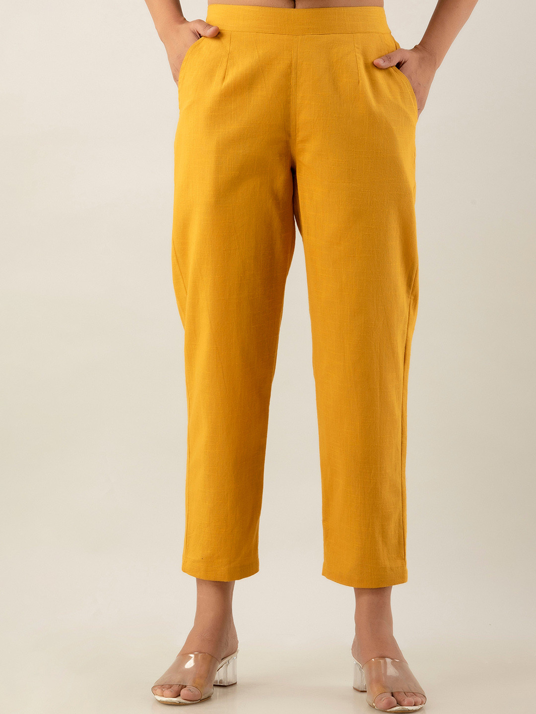 

Sutidora Women Relaxed High-Rise Easy Wash Pleated Pure Cotton Regular Trousers, Yellow
