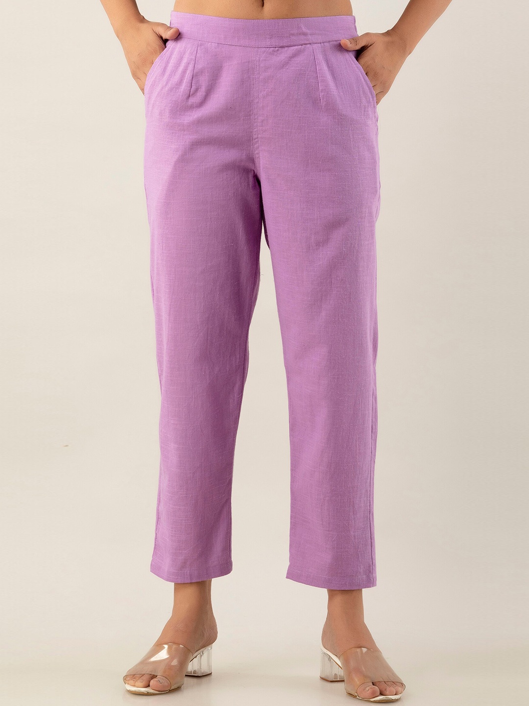 

Sutidora Women Relaxed High-Rise Easy Wash Pleated Pure Cotton Regular Trousers, Purple