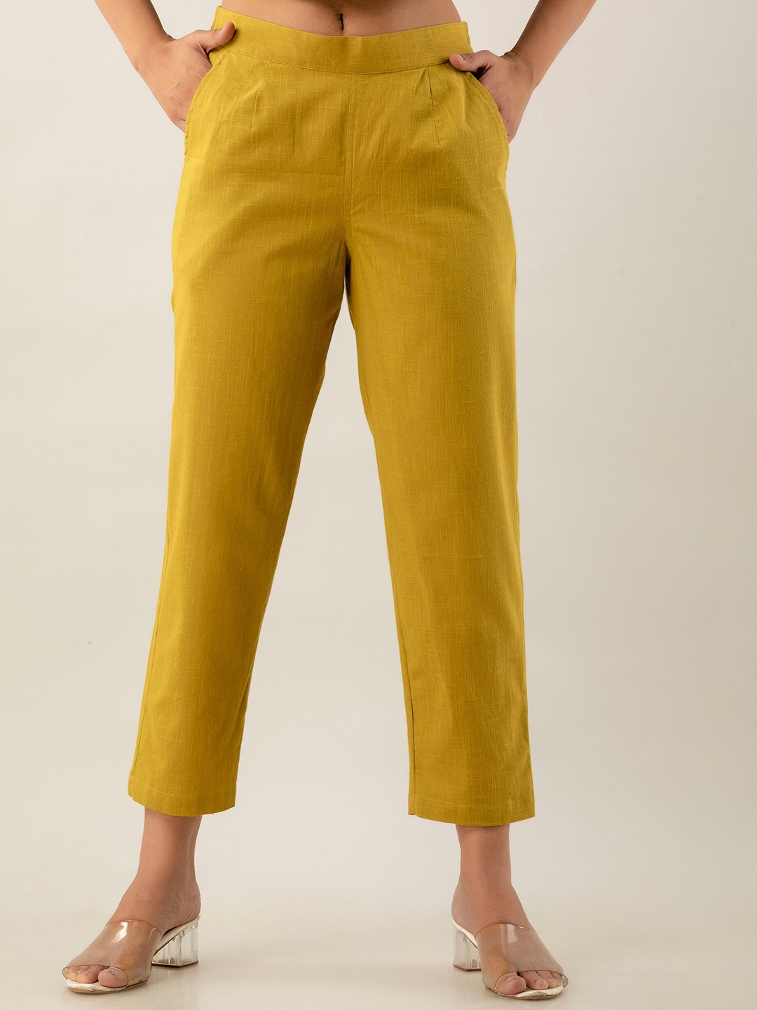 

Sutidora Women Relaxed High-Rise Easy Wash Pleated Pure Cotton Regular Trousers, Yellow