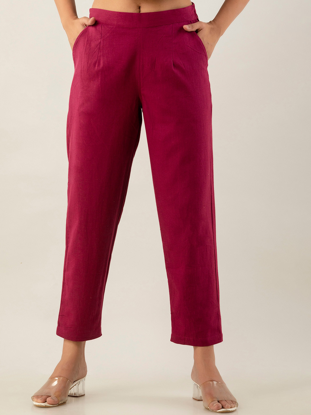 

Sutidora Women Relaxed High-Rise Easy Wash Pleated Pure Cotton Regular Trousers, Pink