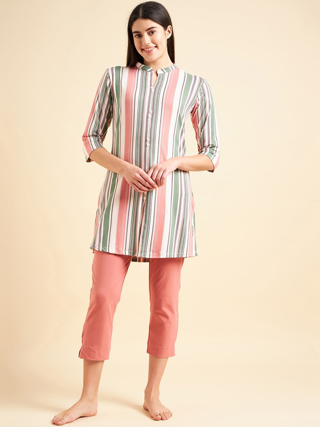 

Sweet Dreams Peach-Coloured & White Striped Night Suit