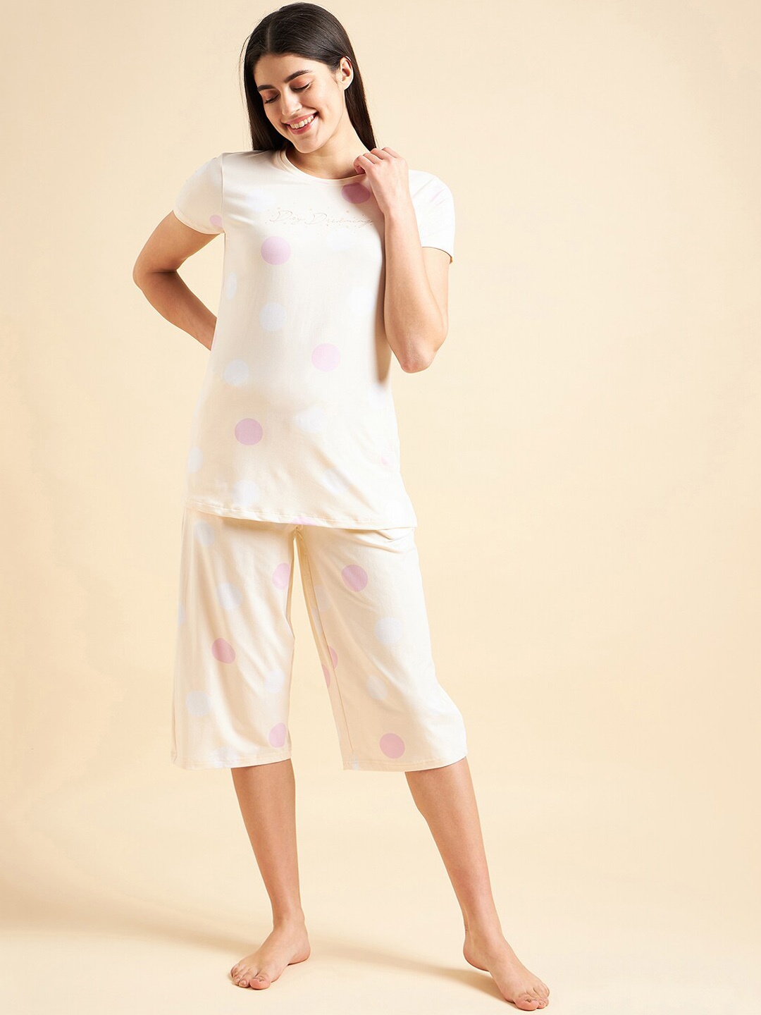 

Sweet Dreams Beige & Purple Polka Dots Printed Night Suit
