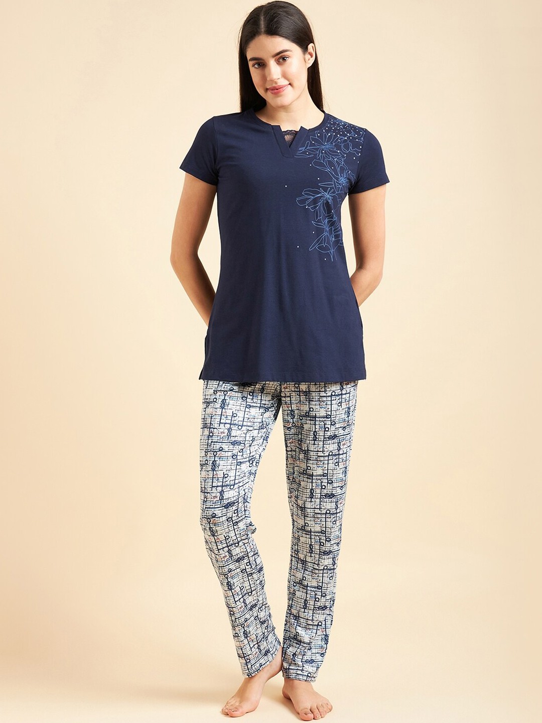 

Sweet Dreams Navy Blue & White Floral Printed Pure Cotton Night Suit