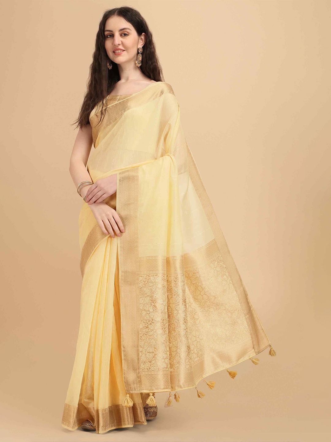 

elora Embellished Zari Cotton Silk Bhagalpuri Saree, Yellow