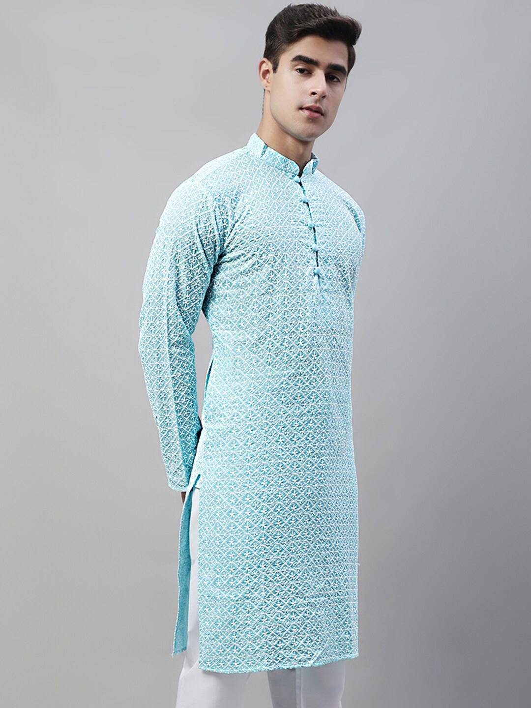 

Jompers Embroidered Mandarin Collar Chikankari Kurta, Turquoise blue