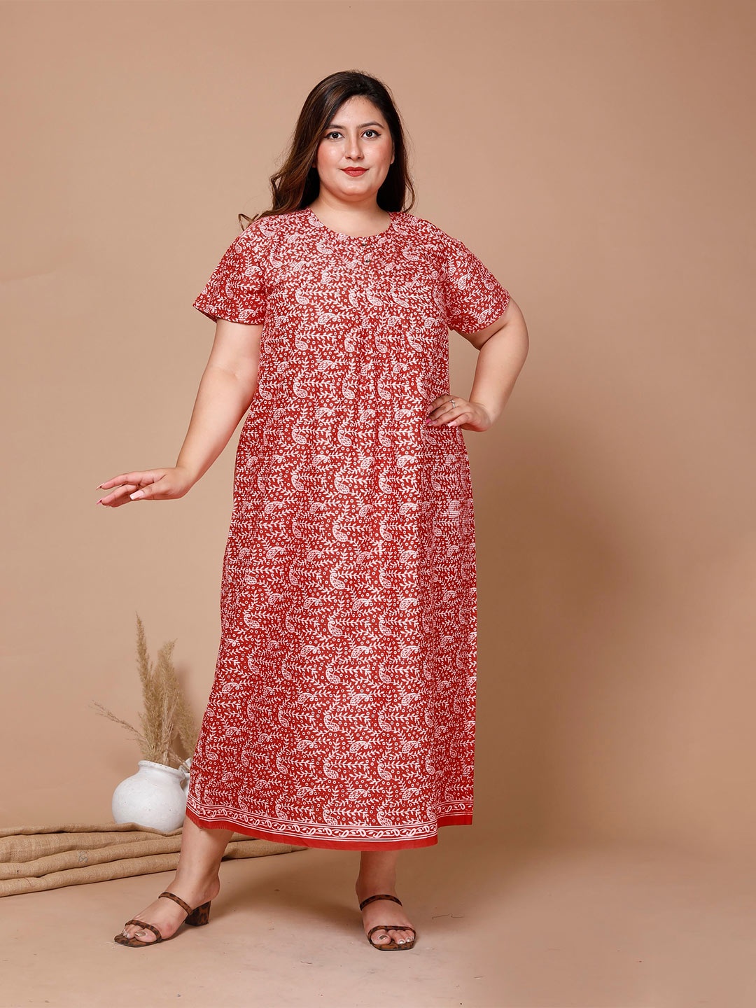 

SP DESIGNS Ethnic Motifs Printed Pure Cotton Maxi Nightdress, Brown