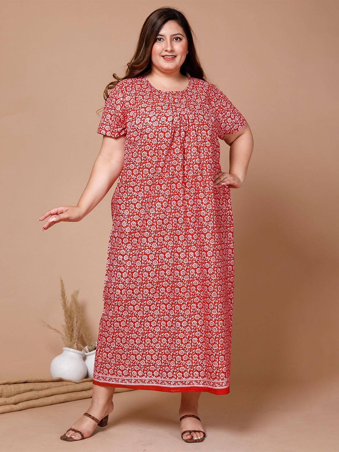 

SP DESIGNS Plus Size Floral Printed Pure Cotton Maxi Nightdress, Maroon