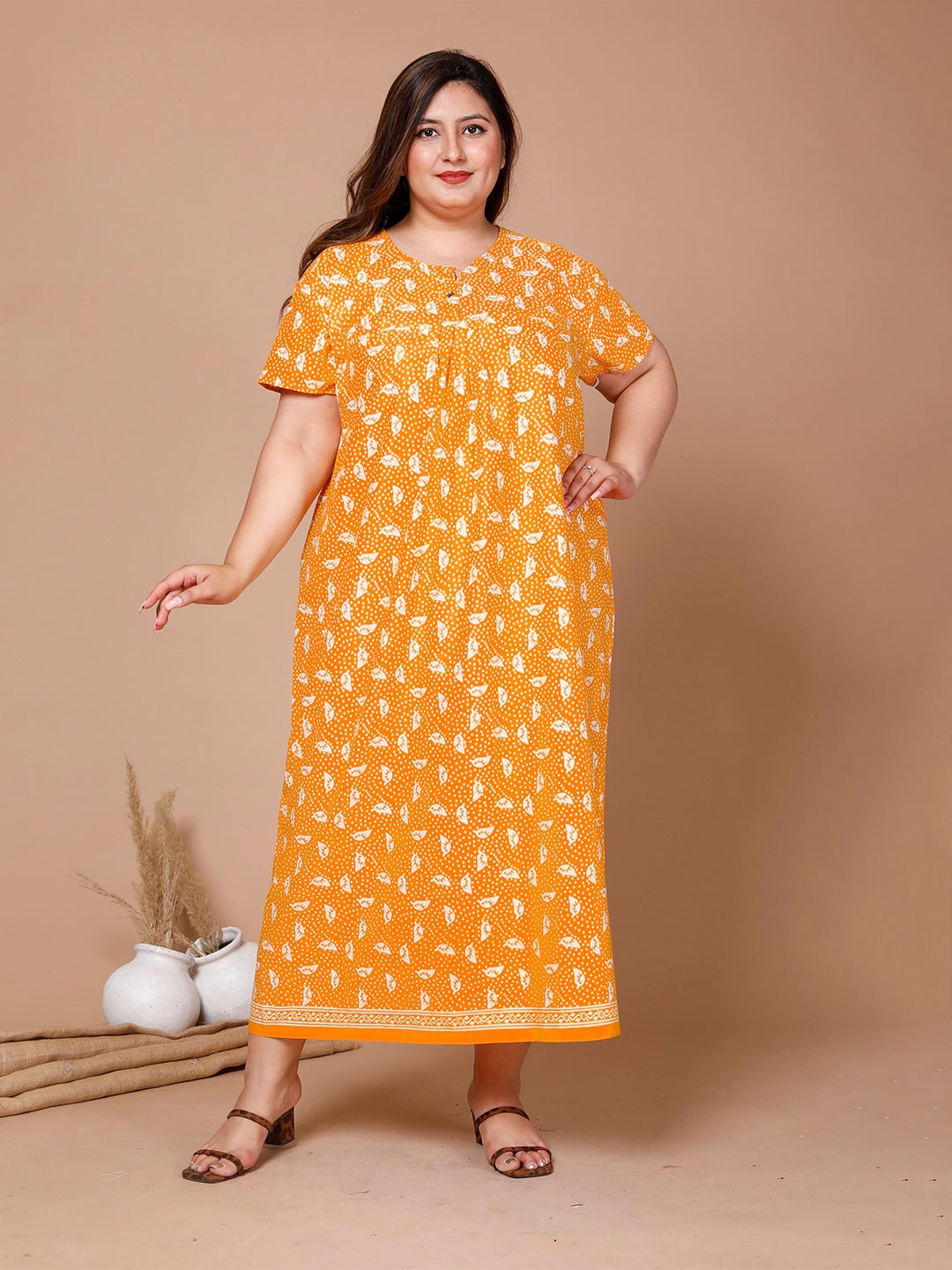 

SP DESIGNS Plus Size Floral Printed Pure Cotton Maxi Nightdress, Mustard