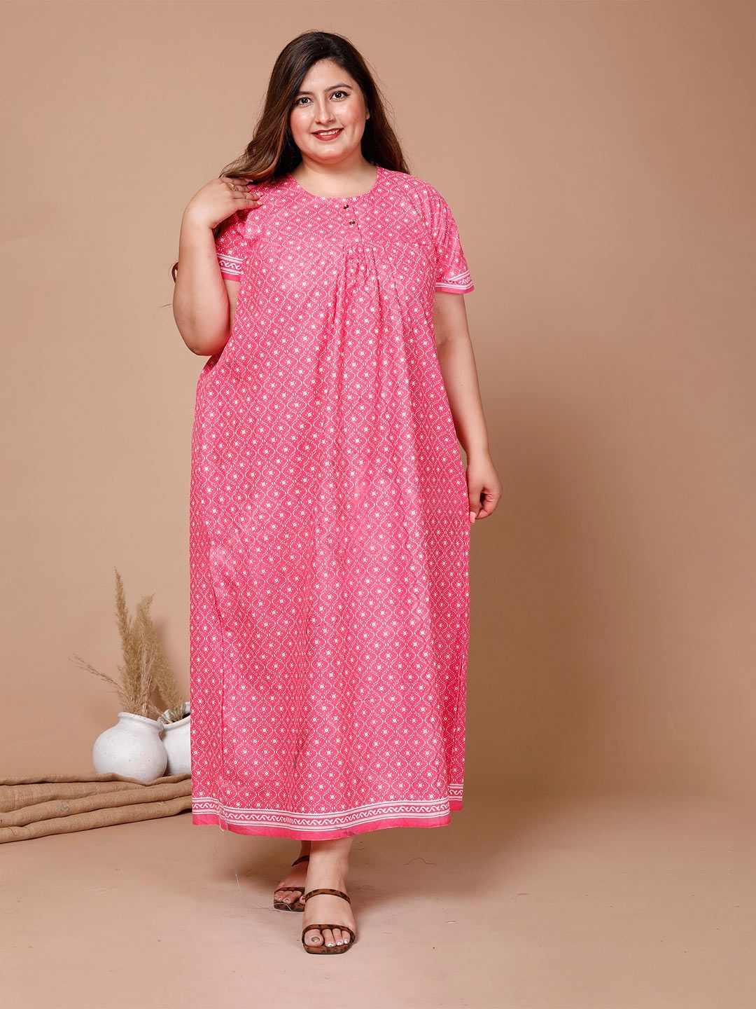 

SP DESIGNS Ethnic Motifs Printed Pure Cotton Maxi Nightdress, Pink