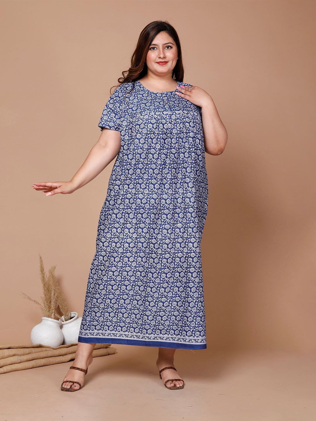 

SP DESIGNS Floral Printed Pure Cotton Maxi Nightdress, Blue