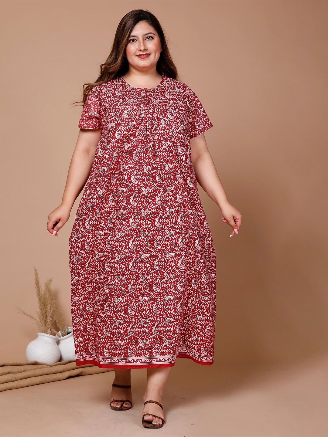 

SP DESIGNS Ethnic Motifs Printed Pure Cotton Maxi Nightdress, Maroon