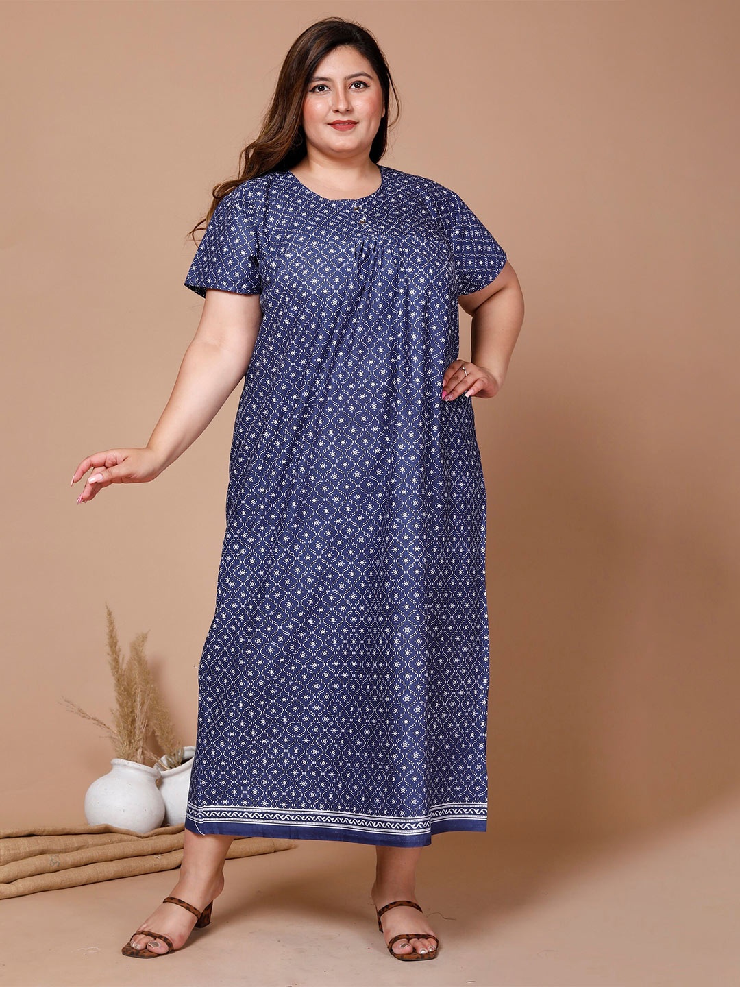 

SP DESIGNS Ethnic Motifs Printed Pure Cotton Maxi Nightdress, Blue