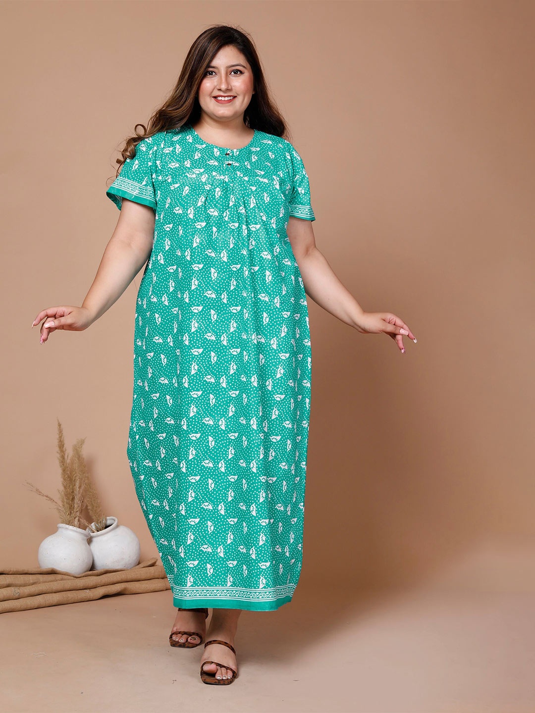 

SP DESIGNS Floral Printed Pure Cotton Maxi Nightdress, Green