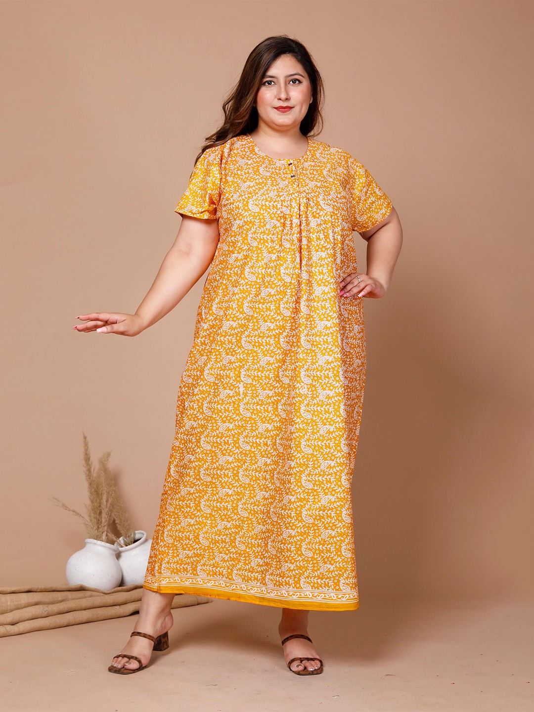 

SP DESIGNS Floral Printed Pure Cotton Maxi Nightdress, Yellow