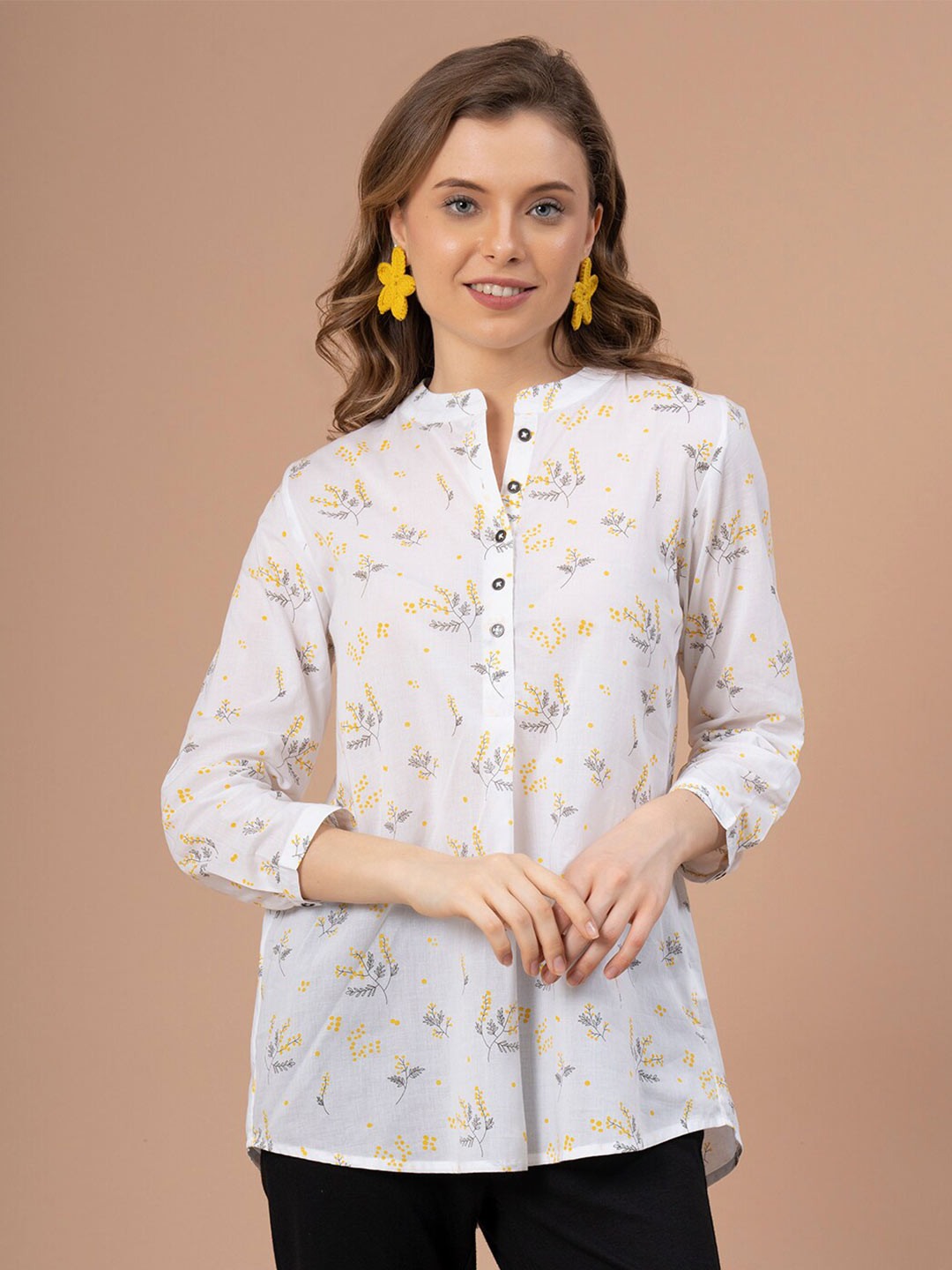 

Mode by Red Tape Floral Print Mandarin Collar Cotton Shirt Style Top, White