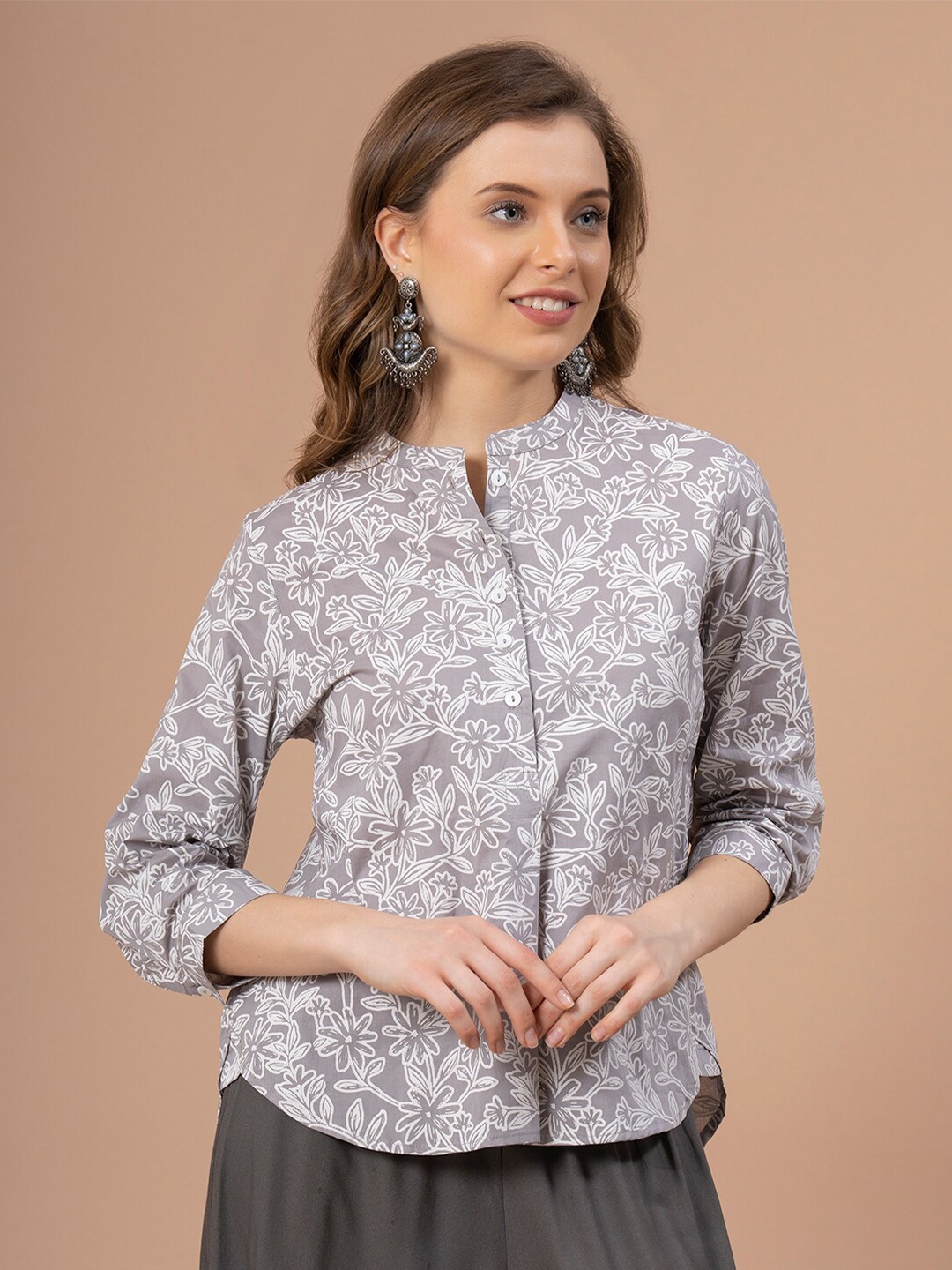 

Mode by Red Tape Floral Printed Band Collar Pure Cotton Blouson Top, Grey