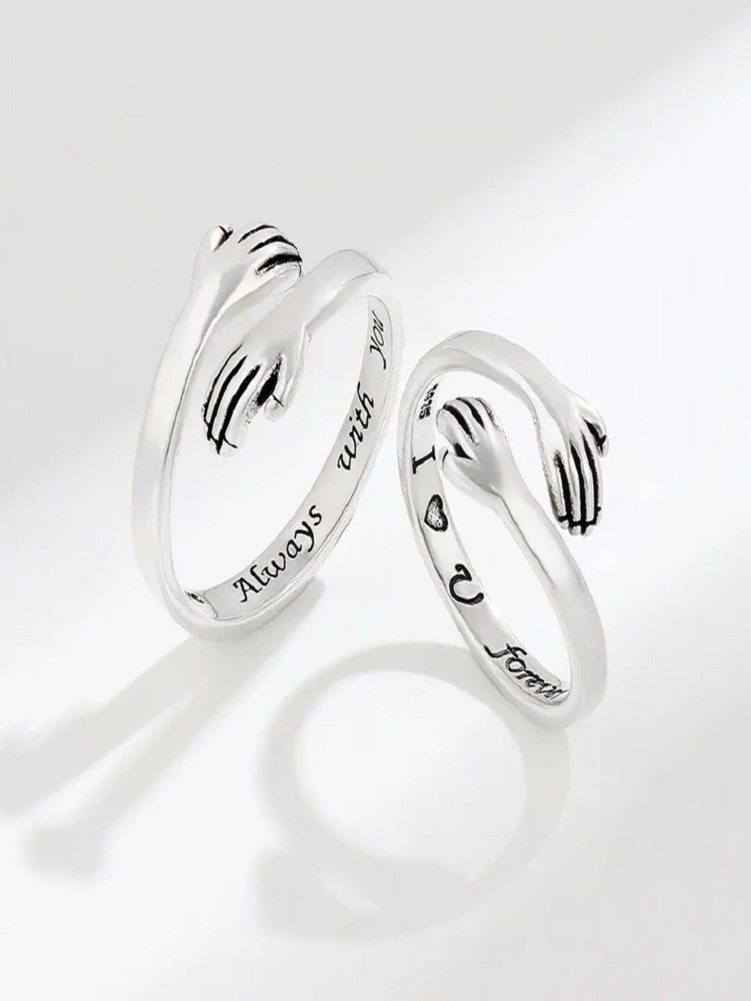 

UNIVERSITY TRENDZ Set Of 2 Silver-Plated Hug Hand Promise Double Adjustable Finger Ring