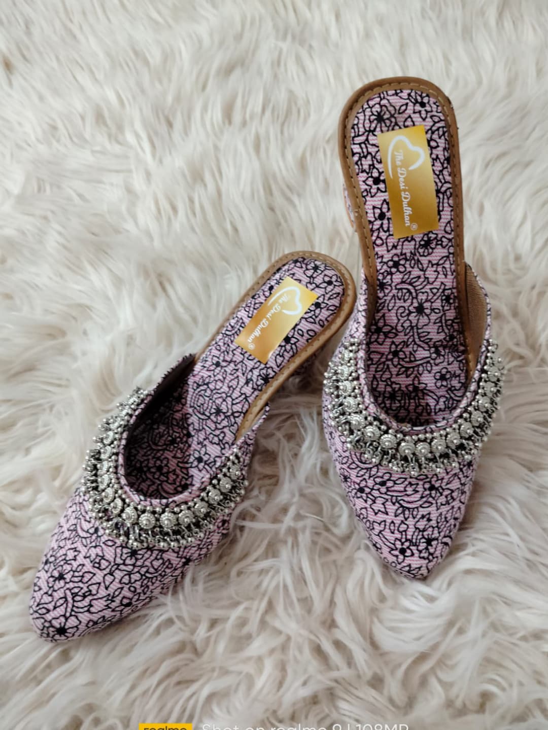 

The Desi Dulhan Pointed Toe Printed Embellished Block Mules, Pink