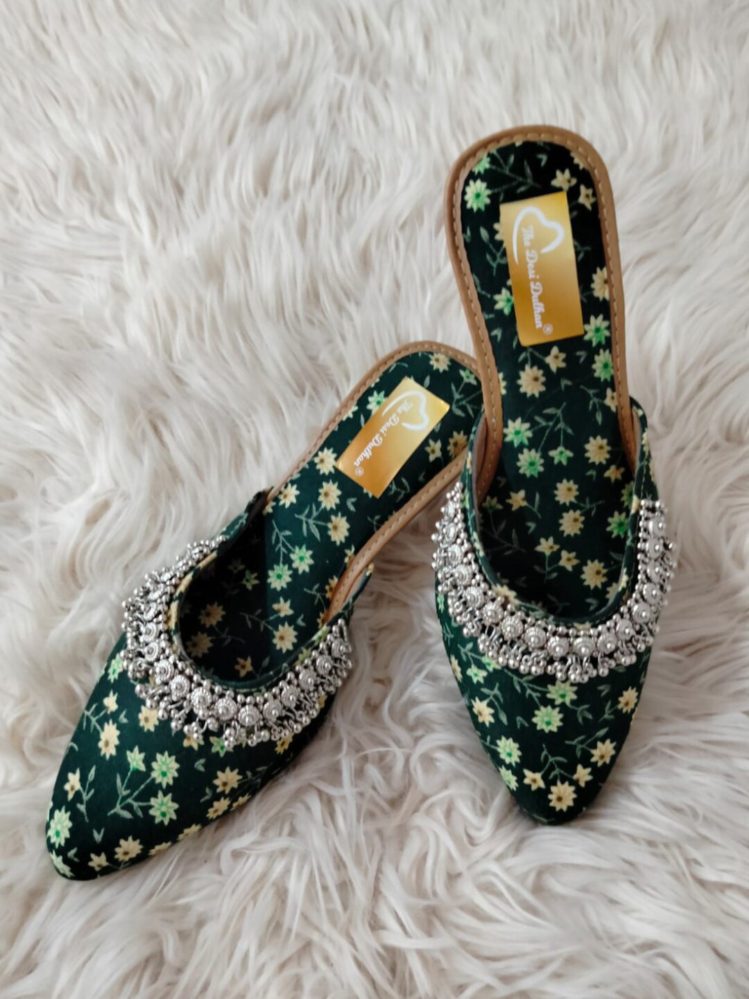 

The Desi Dulhan Floral Printed Embellished Pointed Toe Block Mules, Green