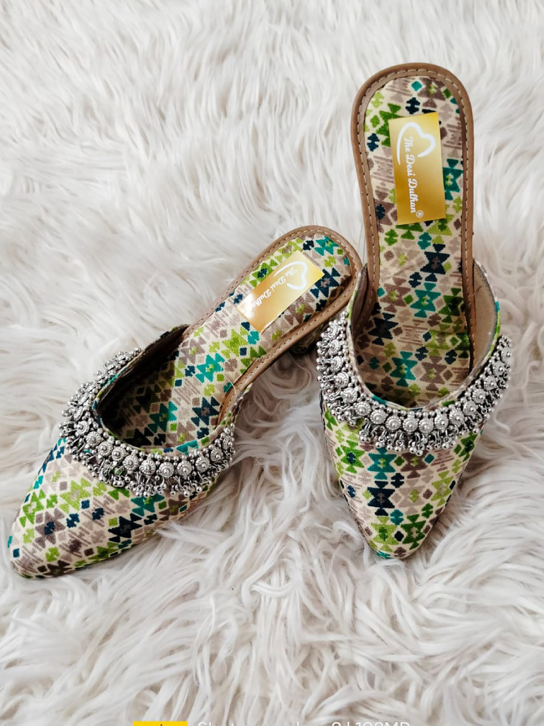 

The Desi Dulhan Floral Printed Embellished Pointed Toe Block Mules, Beige