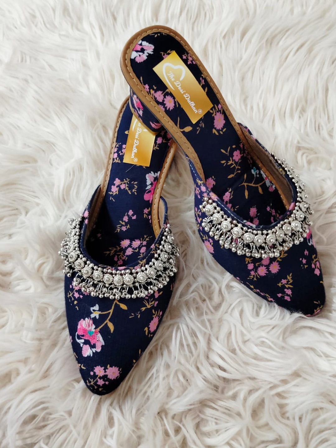 

The Desi Dulhan Pointed Toe Printed Embellished Block Mules, Navy blue