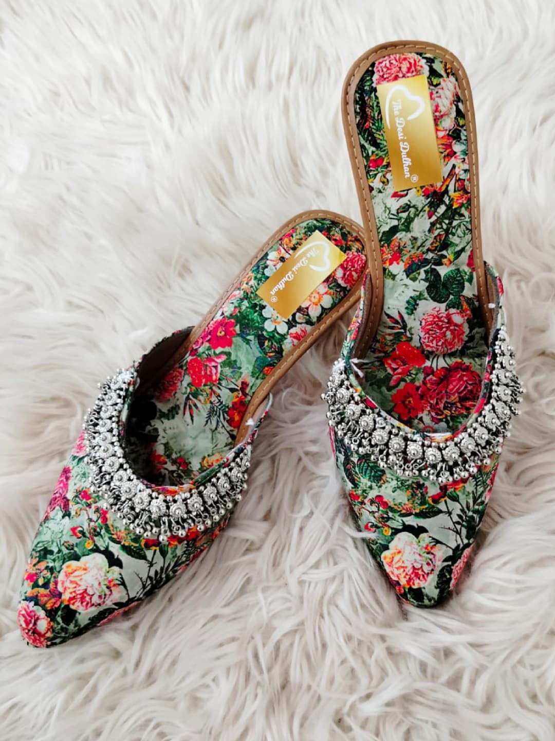 

The Desi Dulhan Floral Printed Embellished Pointed Toe Block Mules, Sea green