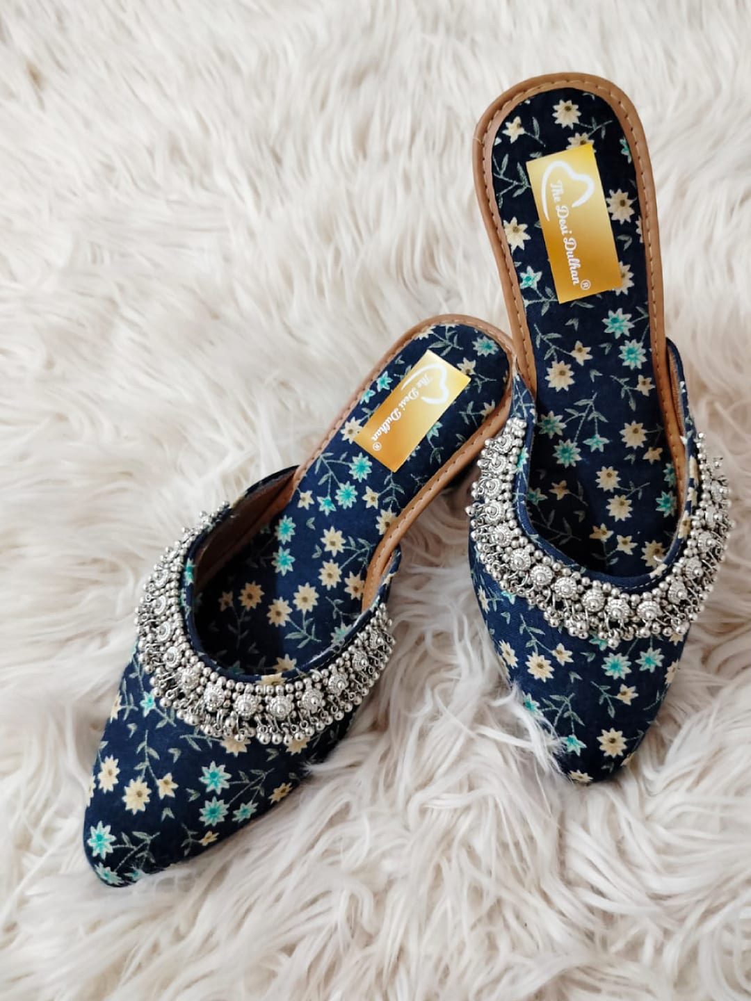 

The Desi Dulhan Floral Printed Embellished Pointed Toe Block Mules, Navy blue