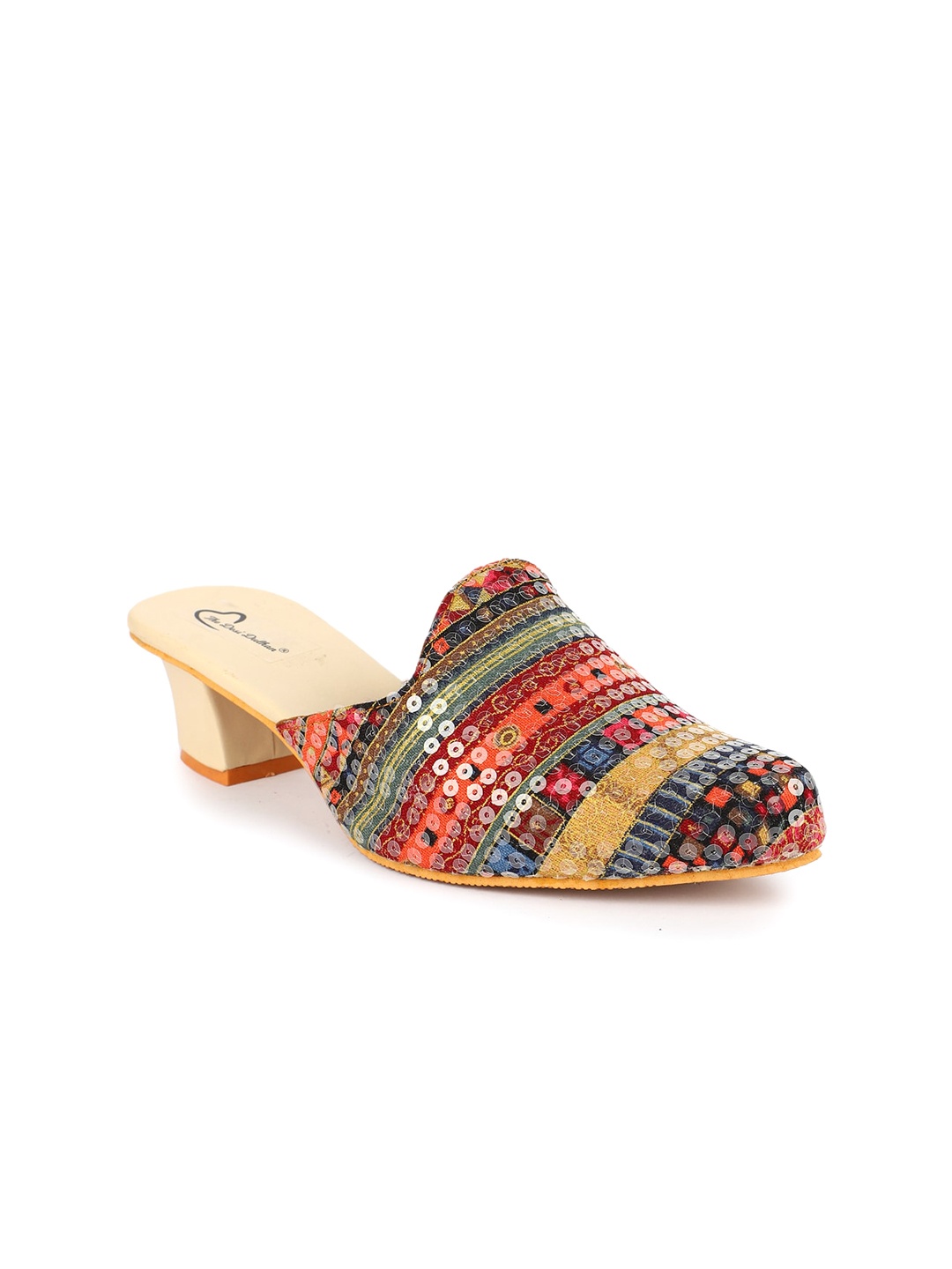 

The Desi Dulhan Floral Printed Embellished Pointed Toe Block Mules, Red
