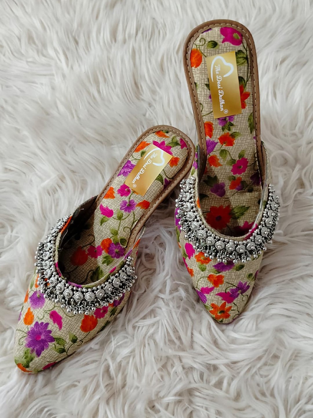 

The Desi Dulhan Pointed Toe Printed Embellished Block Mules, Beige