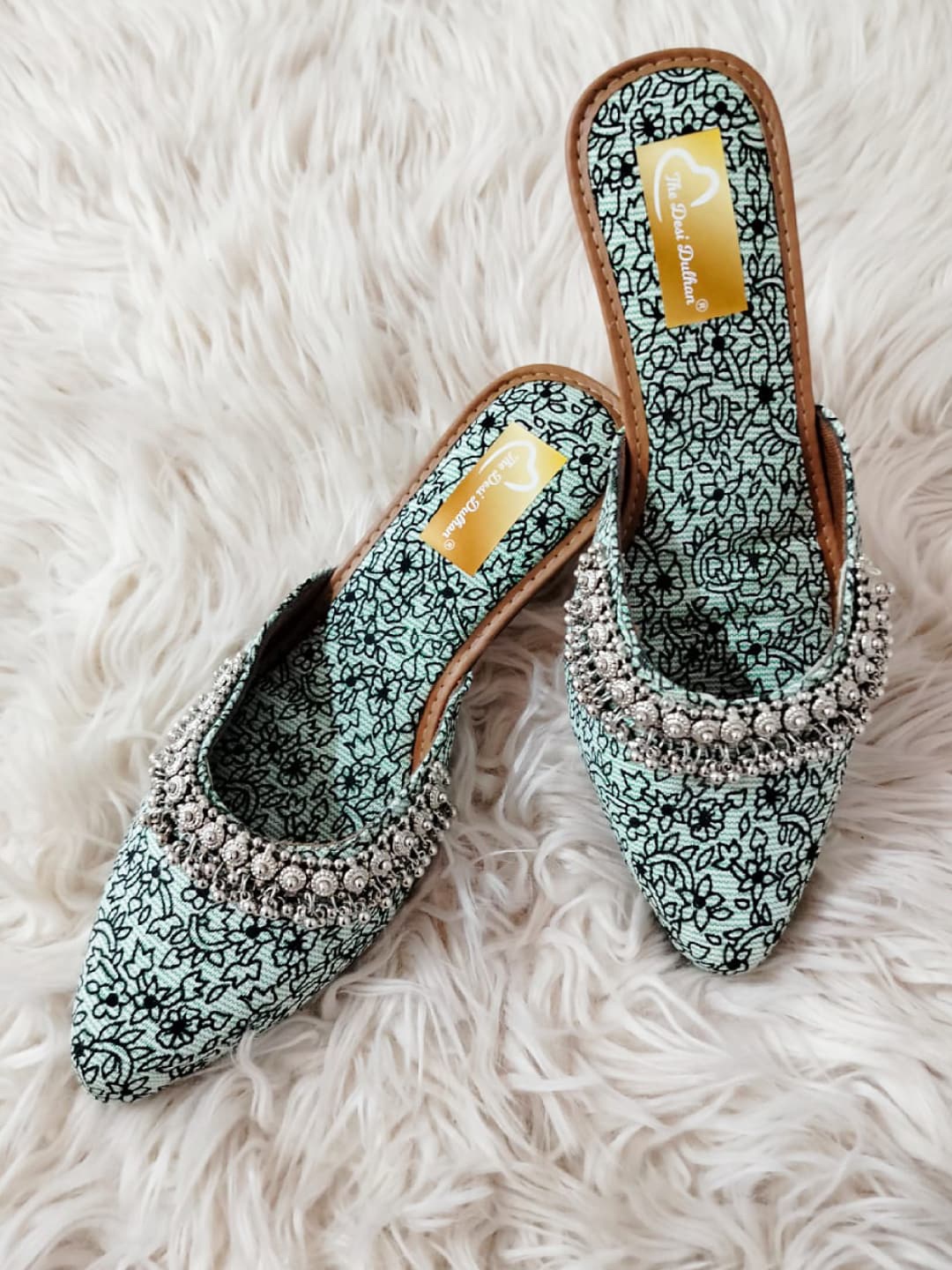 

The Desi Dulhan Pointed Toe Printed Embellished Block Mules, Sea green