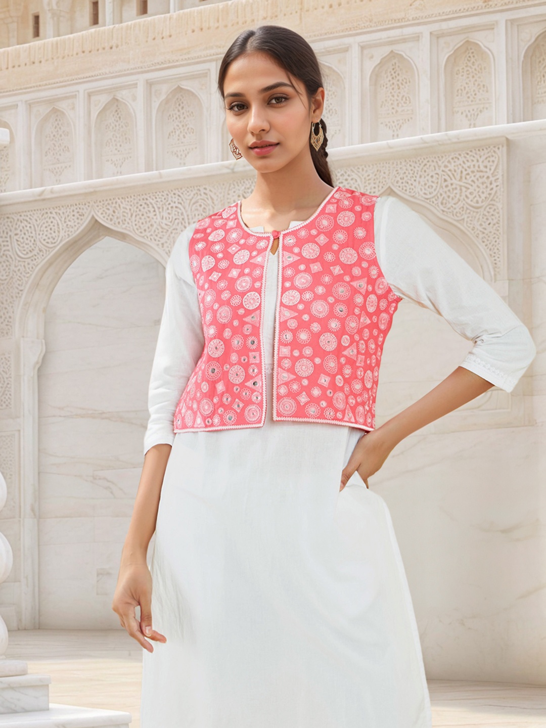 

Soch Women Floral Embroidered Pure Cotton Waist Coat, Coral